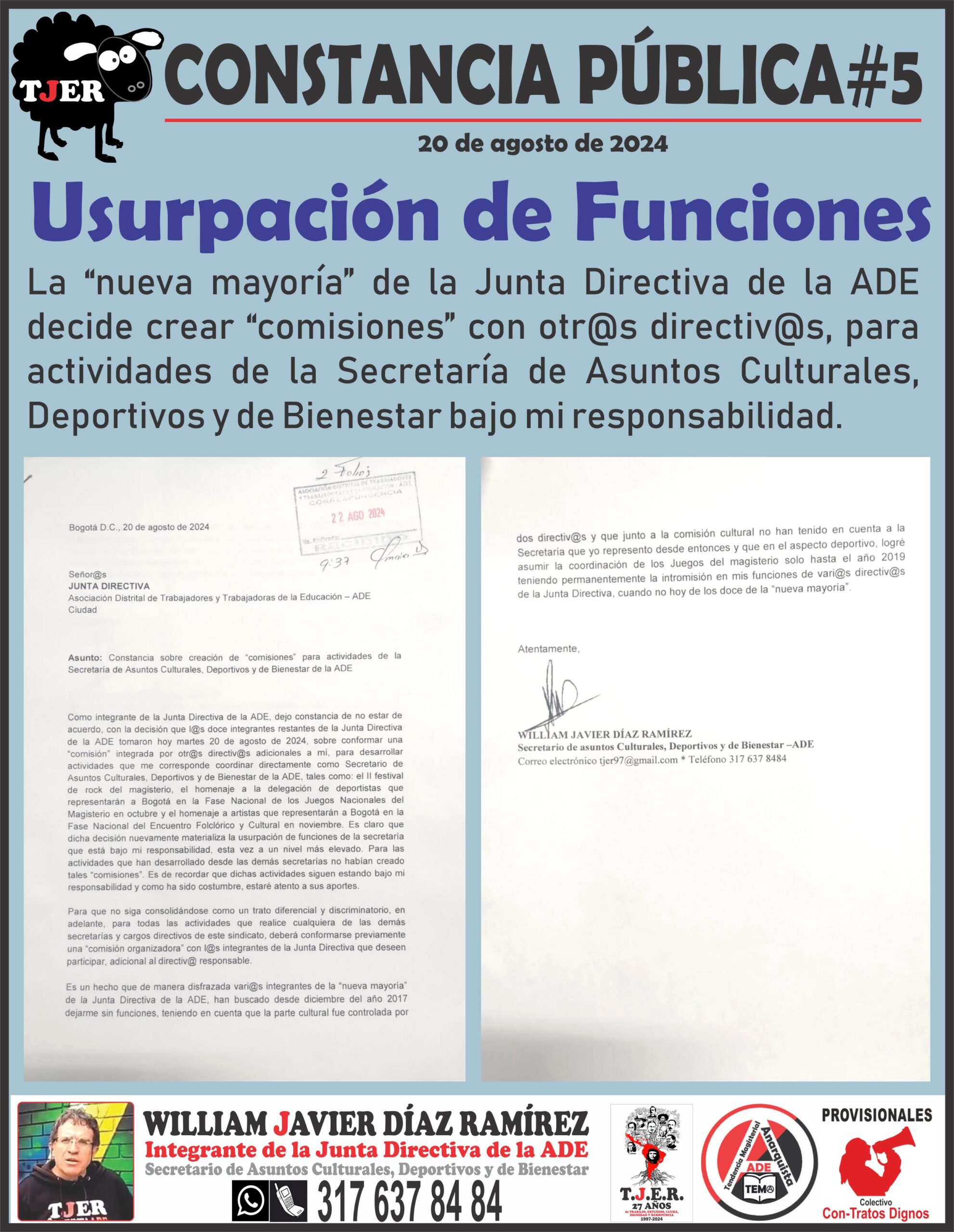 CONSTANCIA PÚBLICA #5. Usurpación de Funciones de la Secretaría de Asuntos Culturales, Deportivos y de Bienestar de la ADE