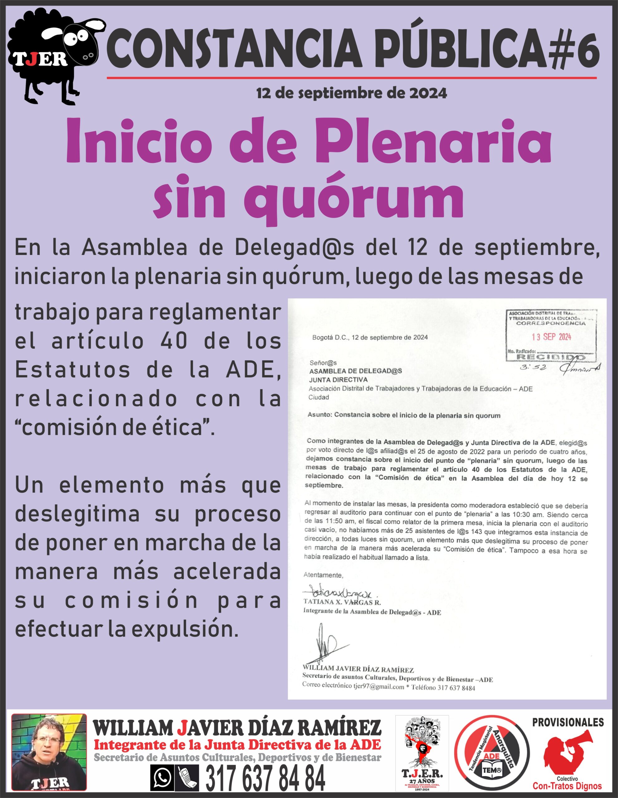 CONSTANCIA PÚBLICA #6. Inicio de Plenaria sin quórum