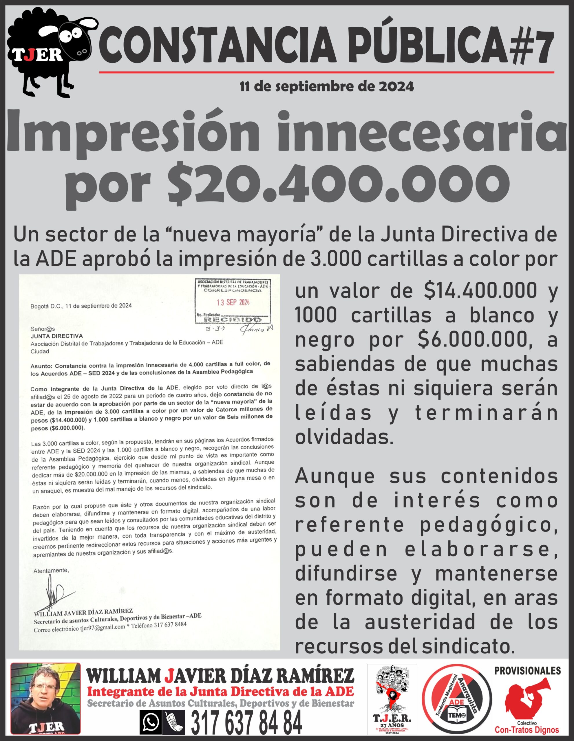 CONSTANCIA PÚBLICA # 7. Impresión innecesaria por $20.400.000