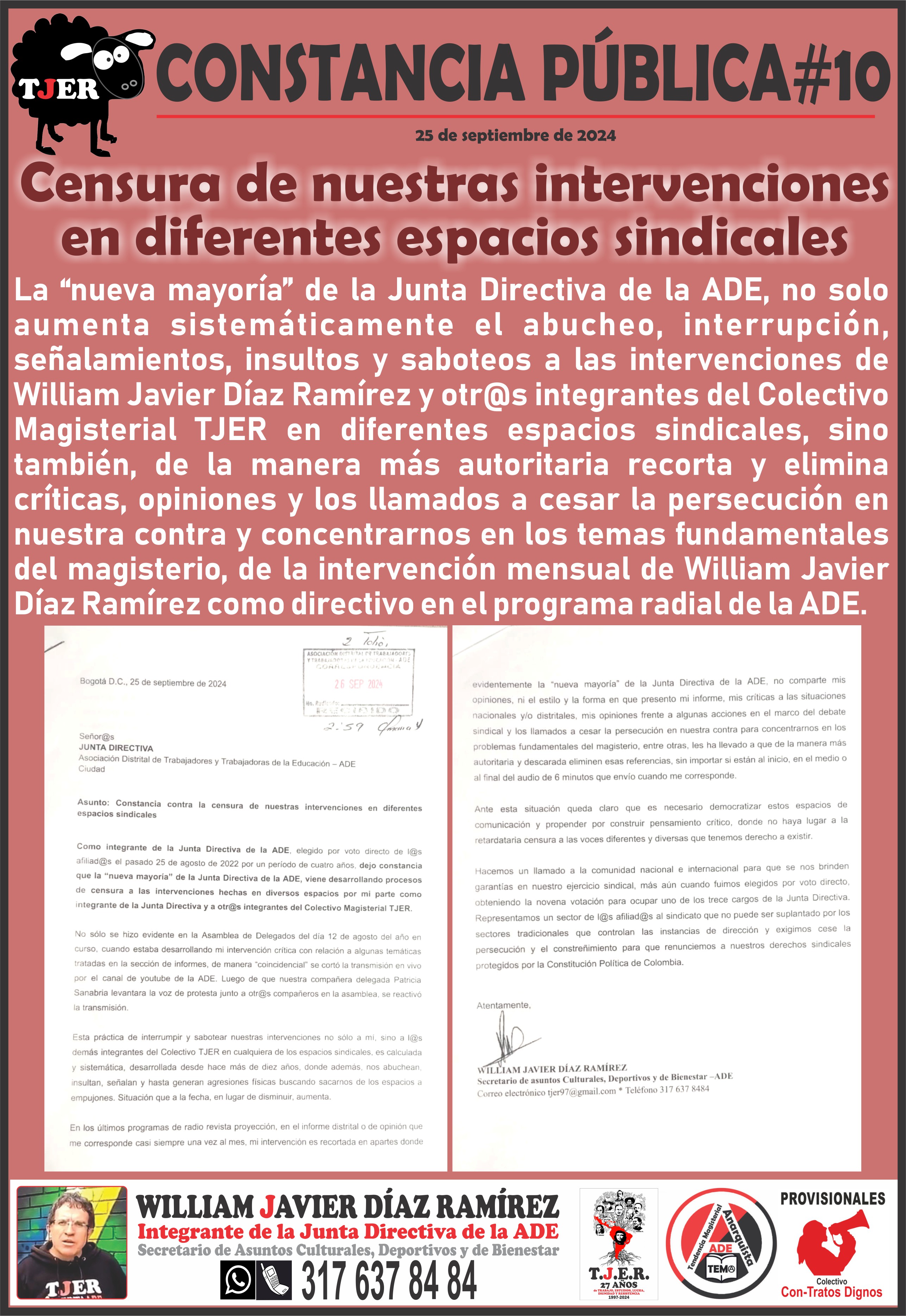 CONSTANCIA PÚBLICA # 10. Censura a nuestras intervenciones en diferentes espacios sindicales