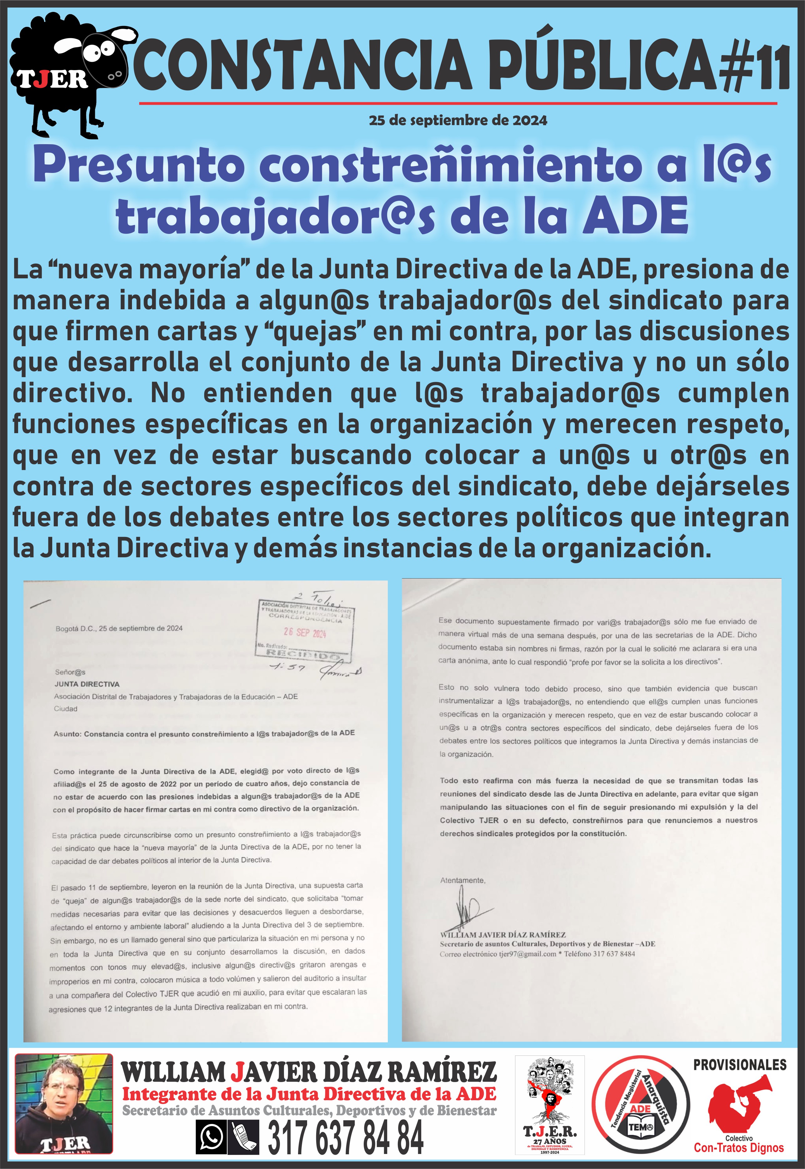 CONSTANCIA PÚBLICA # 11. Presunto constreñimiento a l@s trabajador@s de la ADE
