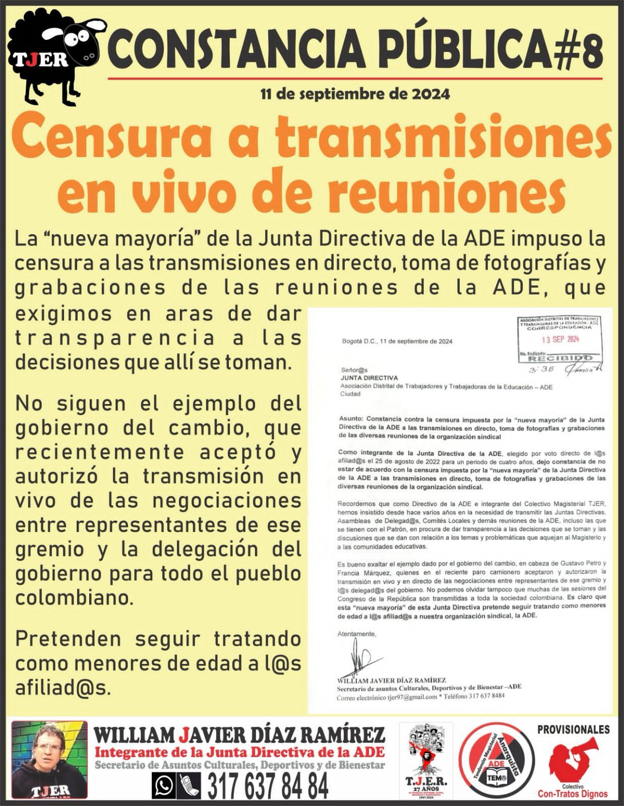 CONSTANCIA PÚBLICA # 8. Censura a transmisiones en vivo de reuniones