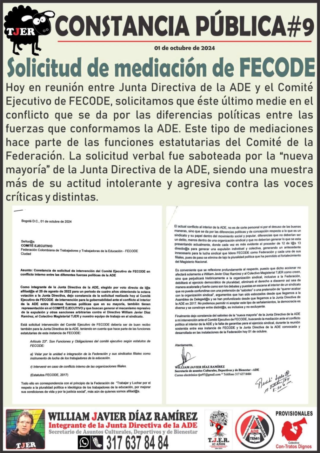 CONSTANCIA PÚBLICA # 9. Pedimos Mediación de FECODE