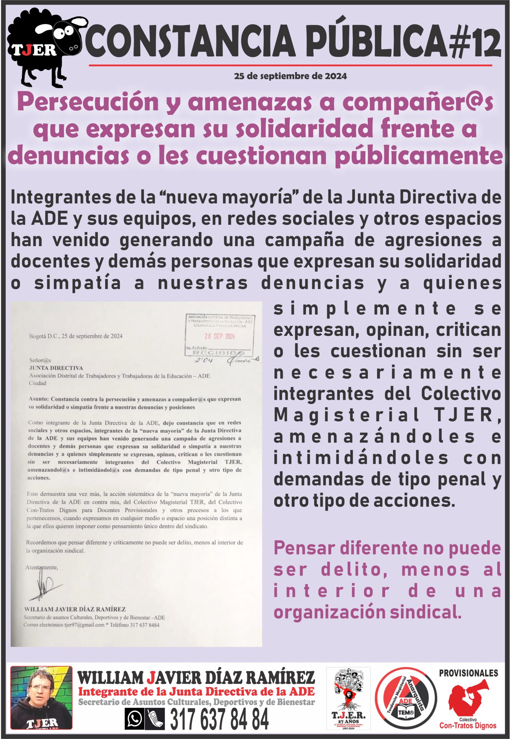 CONSTANCIA PÚBLICA # 12. Persecución y amenazas a compañer@s que expresan su solidaridad frente a denuncias o les cuestionan públicamente