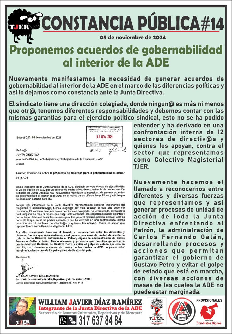 CONSTANCIA PÚBLICA # 14. Proponemos acuerdos de gobernabilidad al interior de la ADE