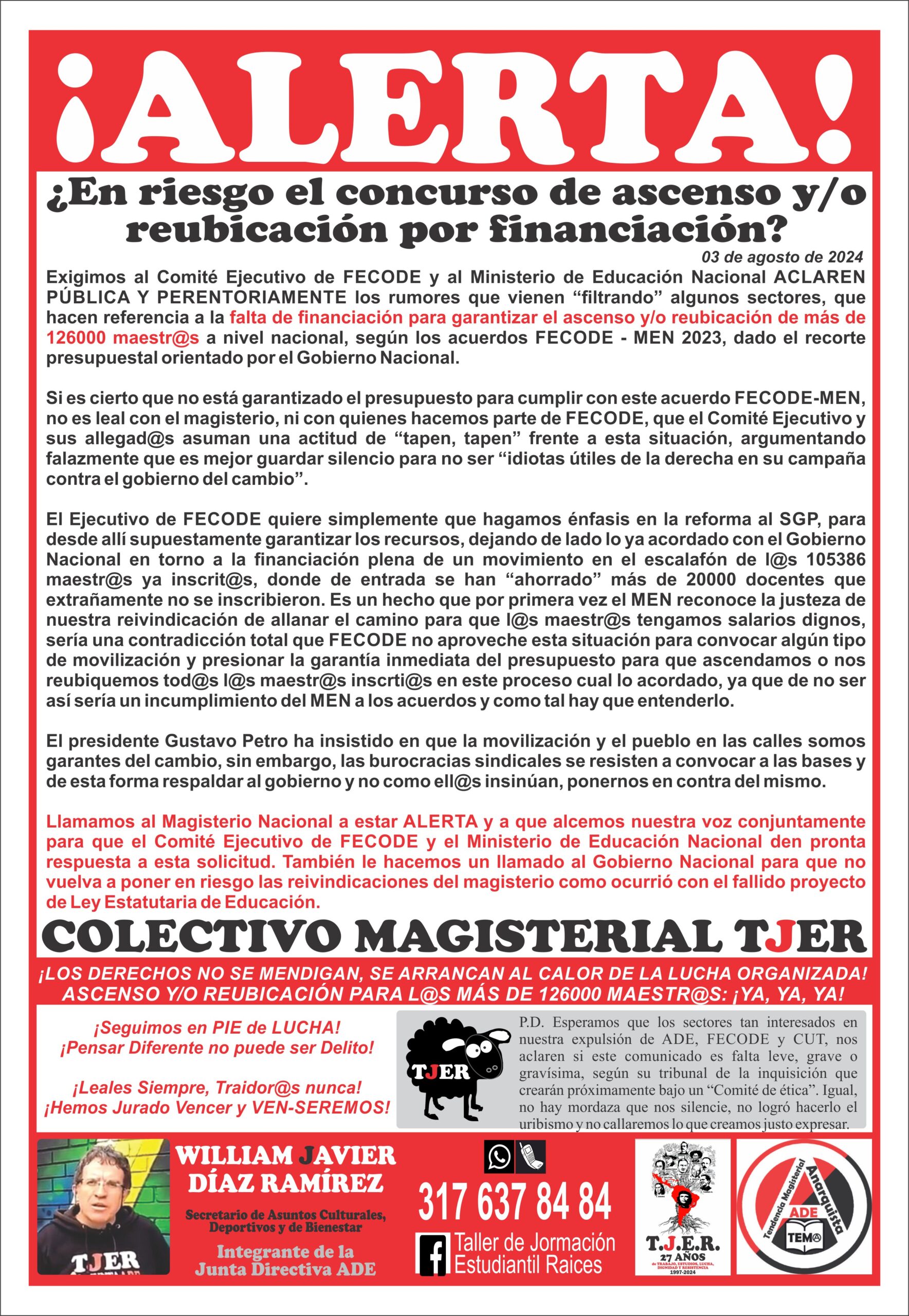 ALERTA ¿EN RIESGO CONCURSO DE ASCENSO Y / O REUBICACIÓN POR FINANCIACIÓN?