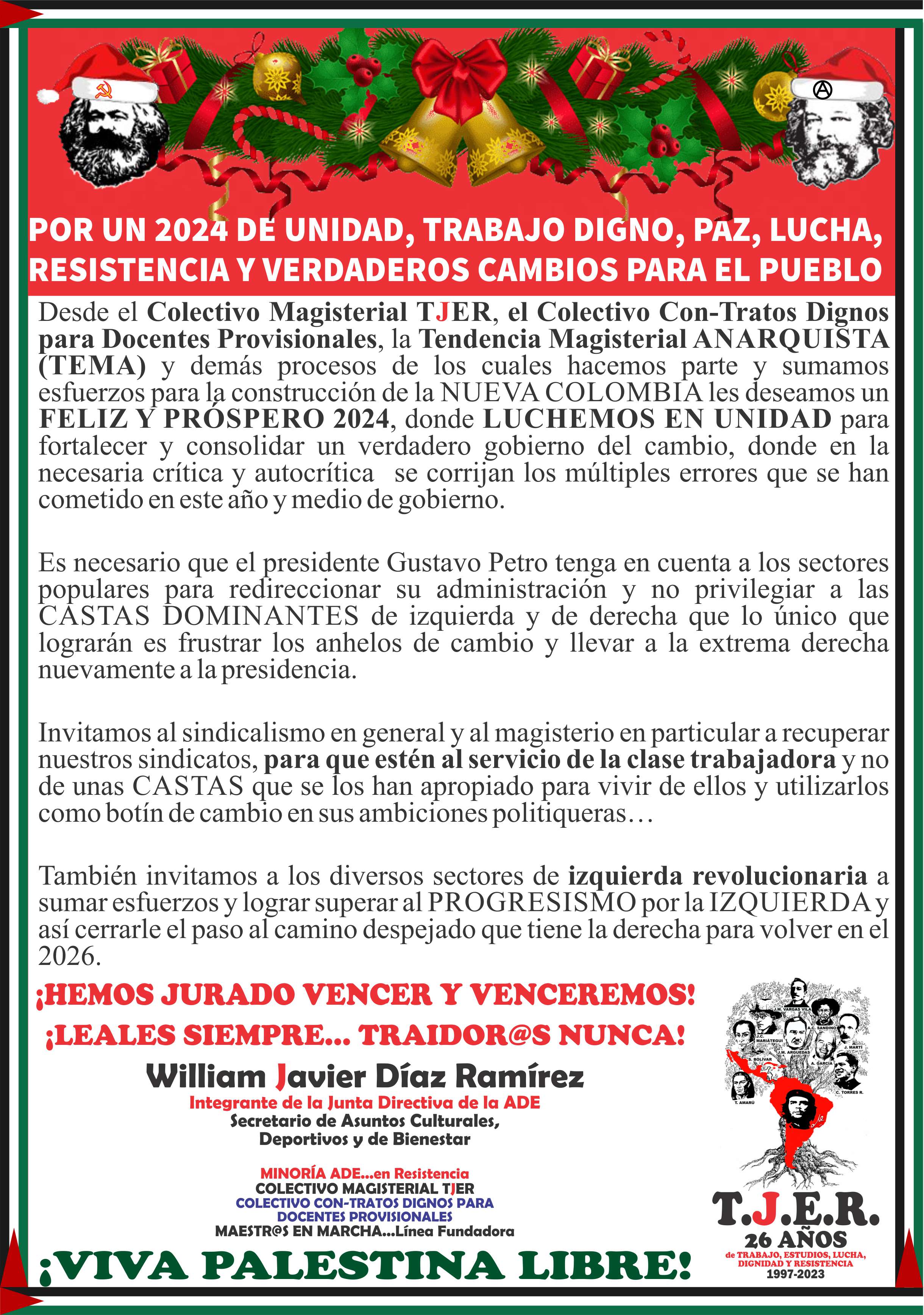 Por un 2024 de UNIDAD, TRABAJO DIGNO, PAZ, LUCHA y RESISTENCIA. Mensaje inicio de año