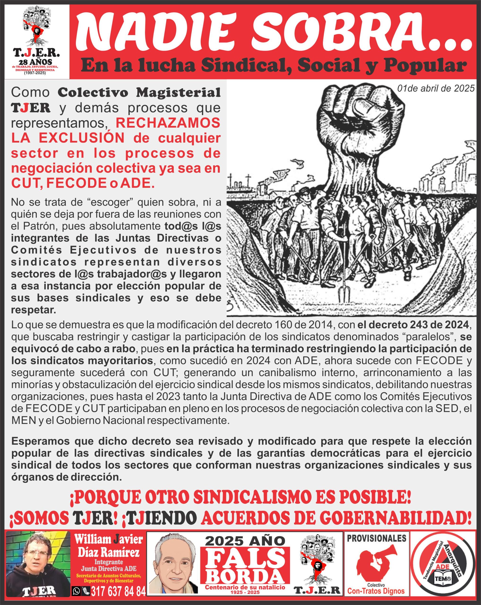 Nadie sobra…. en la lucha Sindical, Social y Popular