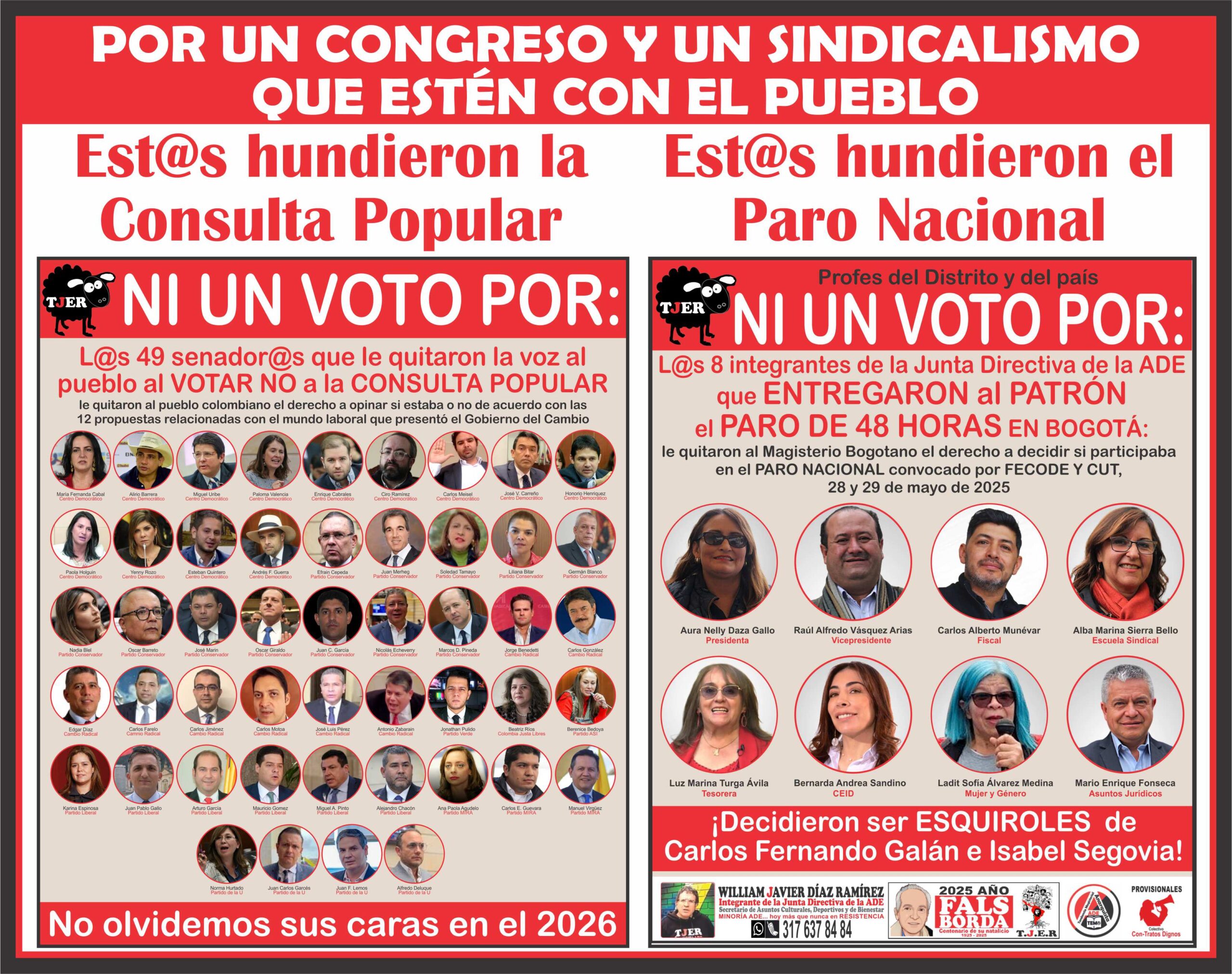 Profes del Distrito y del país: NI UN VOTO POR