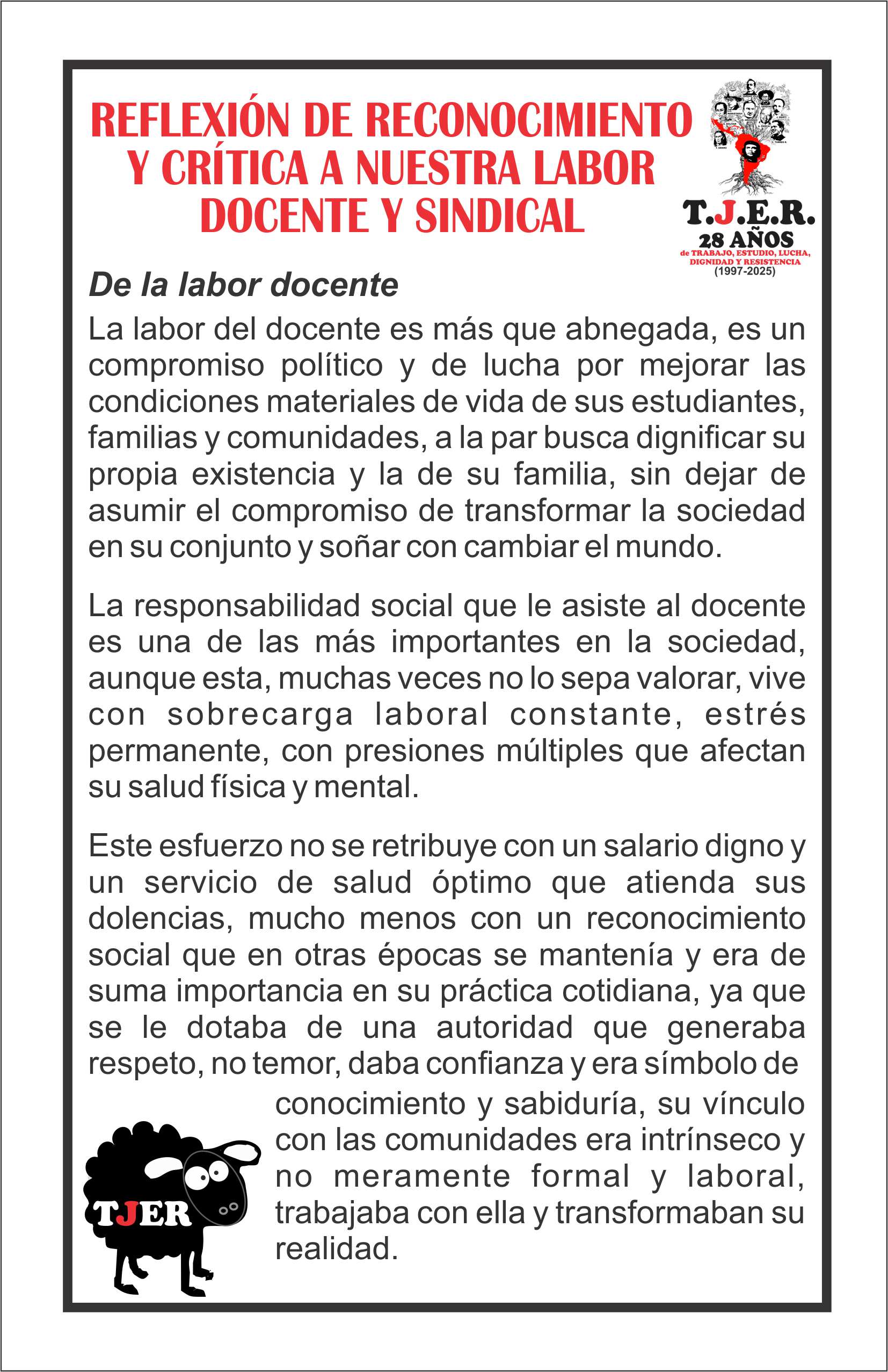 Reflexión de reconocimiento y crítica a nuestra labor docente y sindical