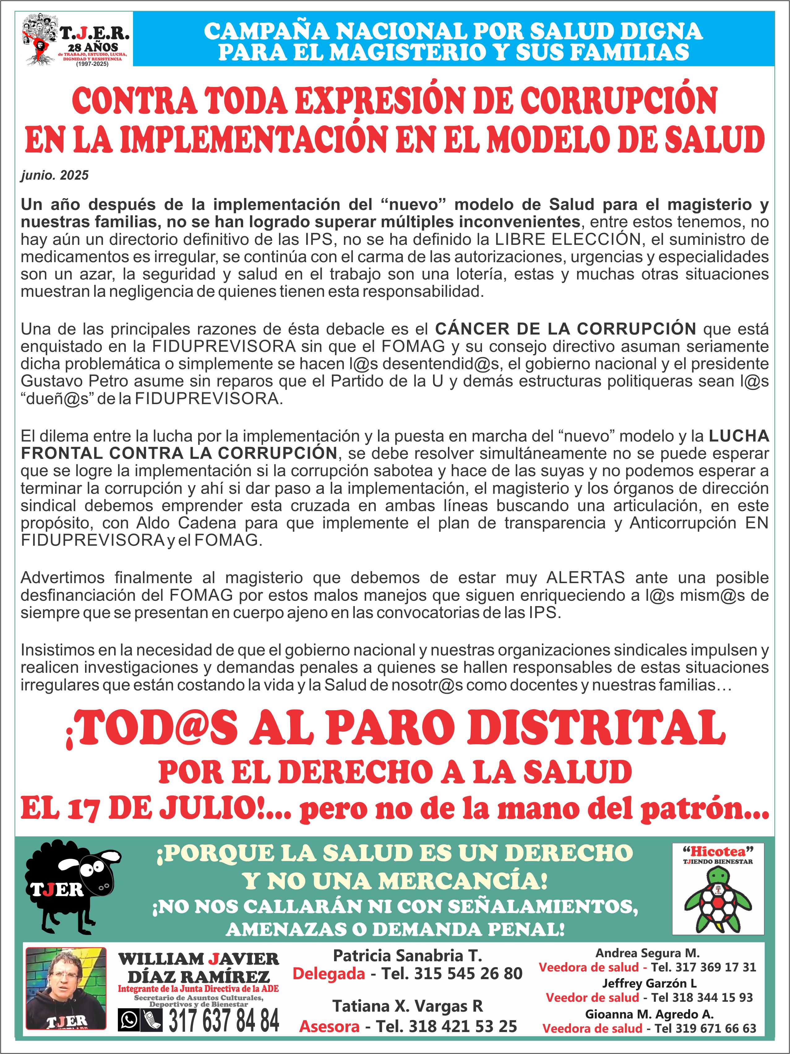 ¡Tod@s al PARO DISTRITAL por nuestro Derecho a la Salud!