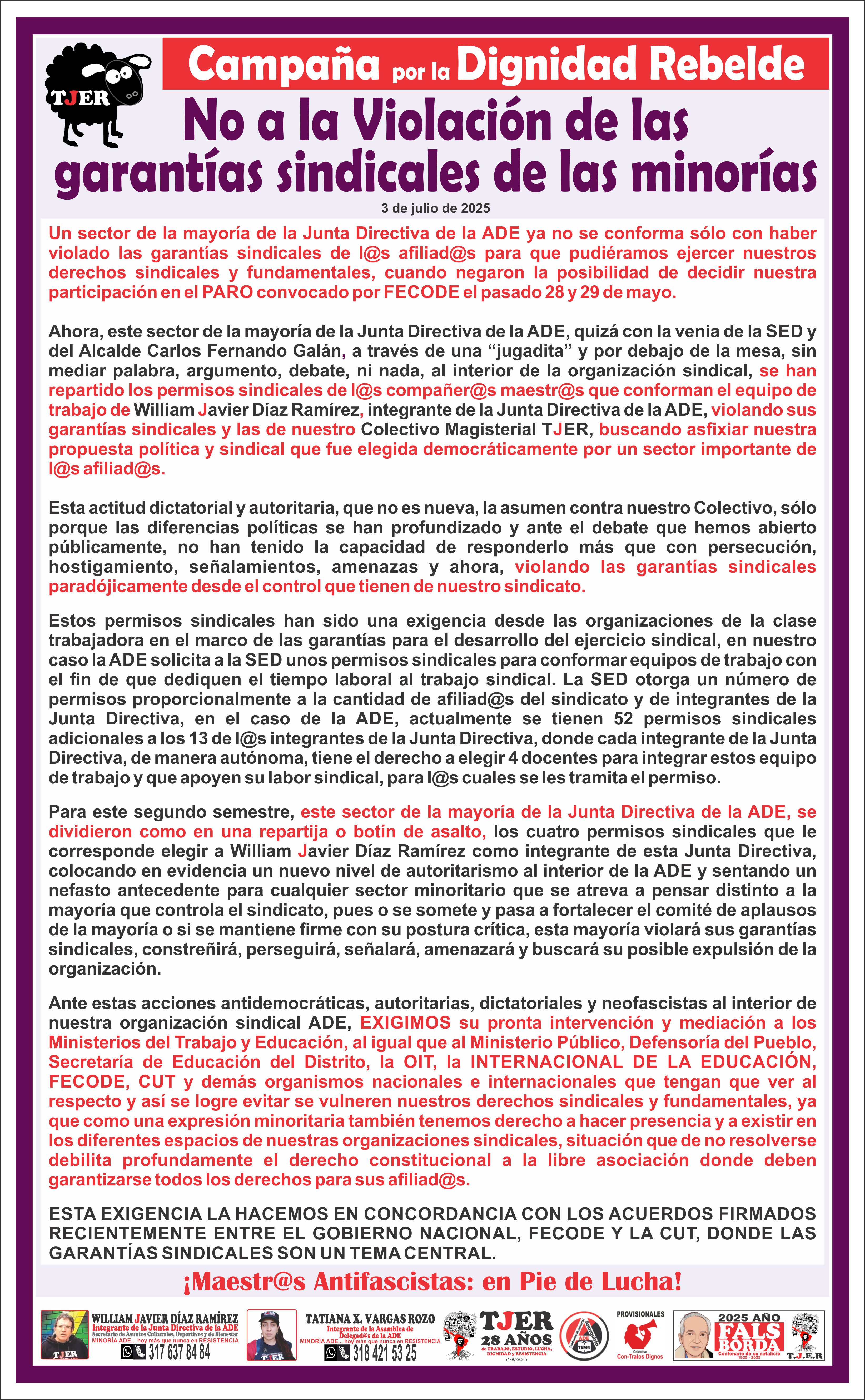 ¡NO A LA VIOLACIÓN DE LAS GARANTÍAS SINDICALES DE LAS MINORÍAS!