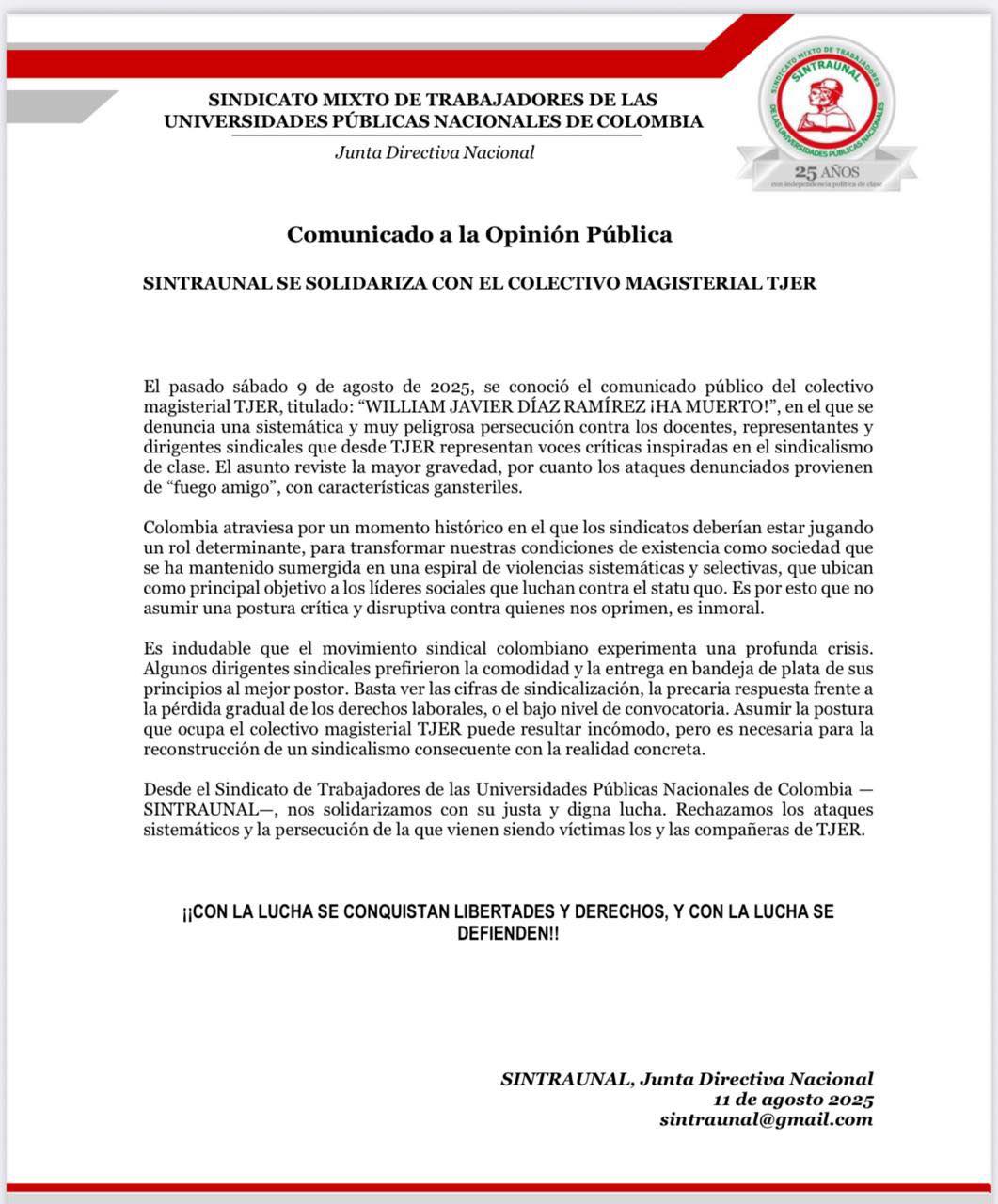 SINTRAUNAL se solidariza con el Colectivo Magisterial TJER